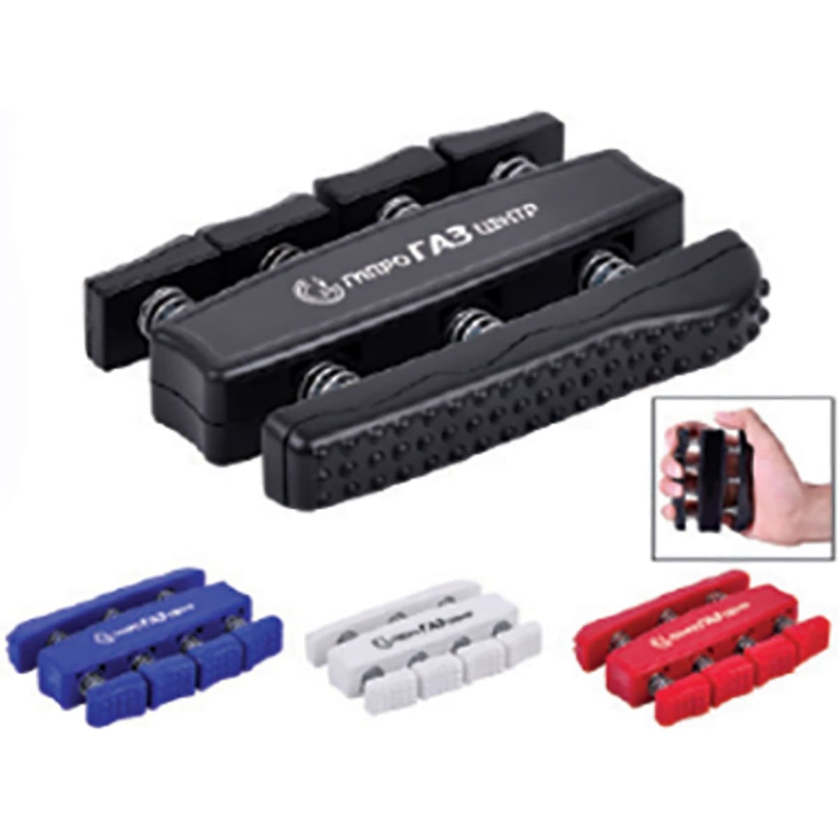 A black writing tool with colourful grips in red, blue, and white, featuring multiple rollers and a branded logo.