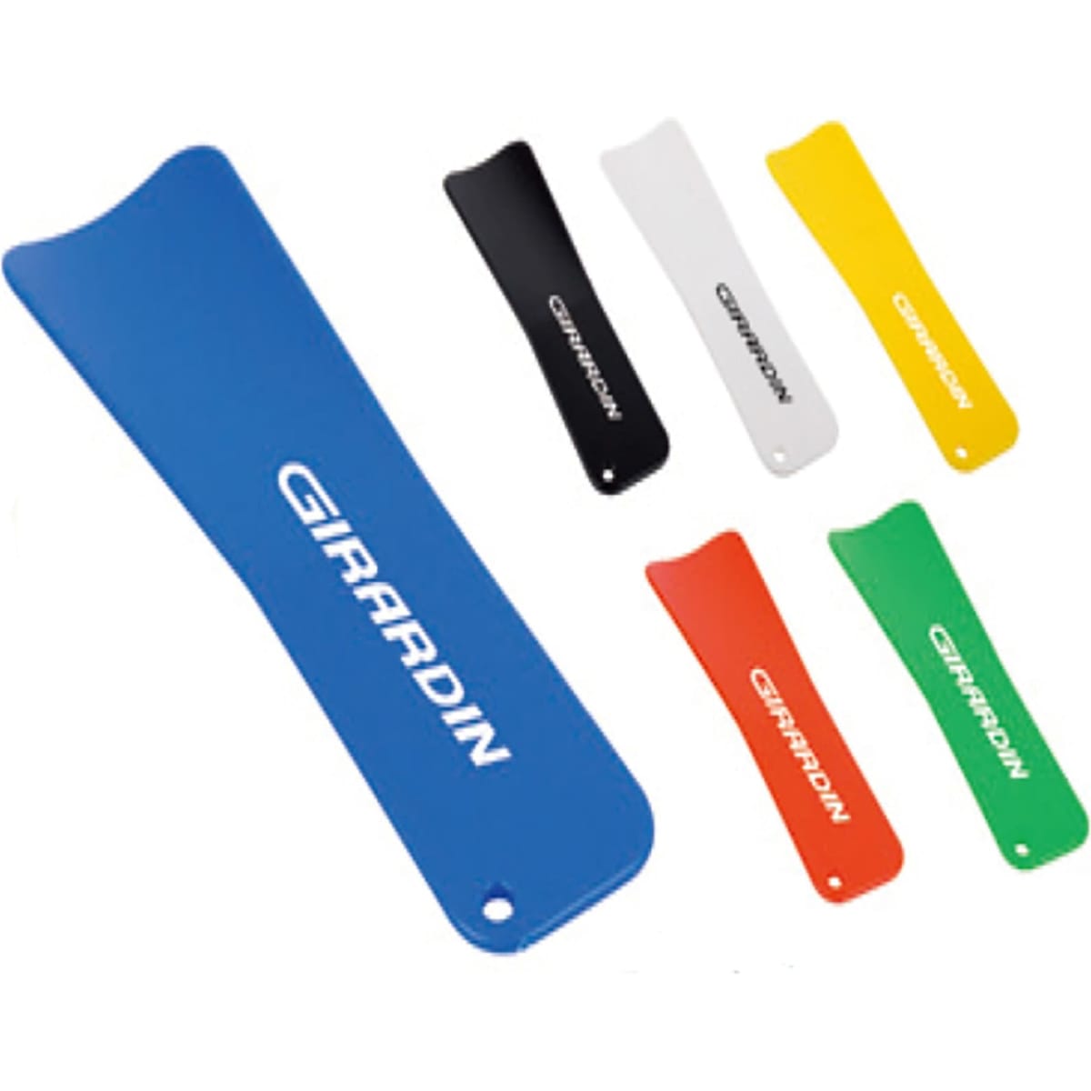 A set of shoe horns in blue, black, white, yellow, and red, featuring a logo.