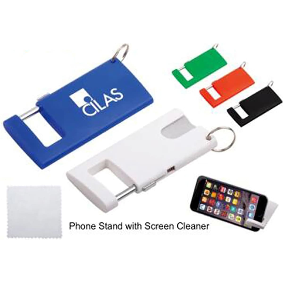 A mobile holder in blue, white, black, green, and red, accompanied by a cleaning cloth. Features a branding logo.