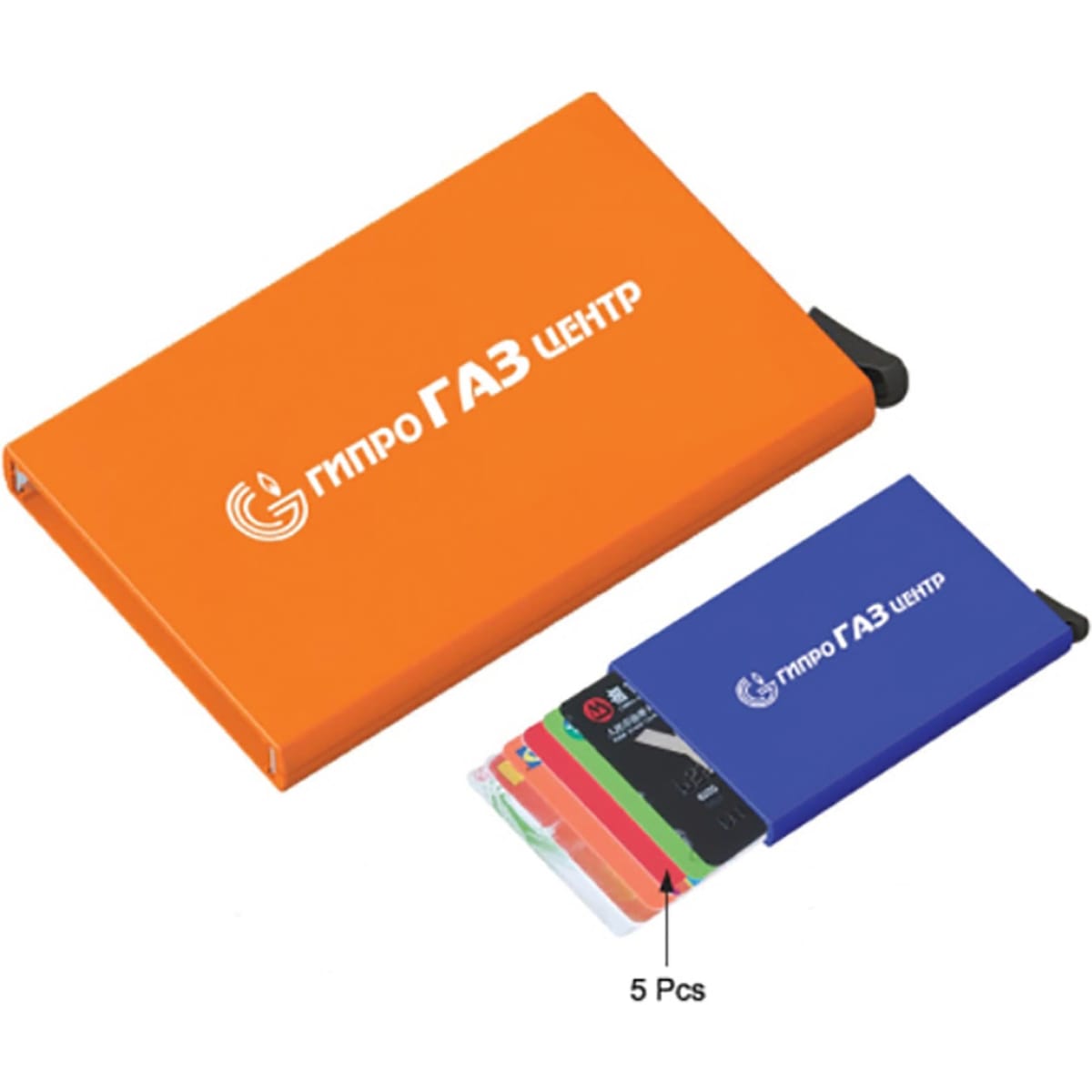 An orange RFID car holder with a blue insert, designed to hold credit cards and features a branding logo.