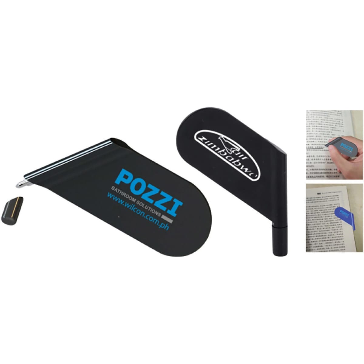 A black ball pen and a matching bookmark with a logo, designed for writing and marking pages.