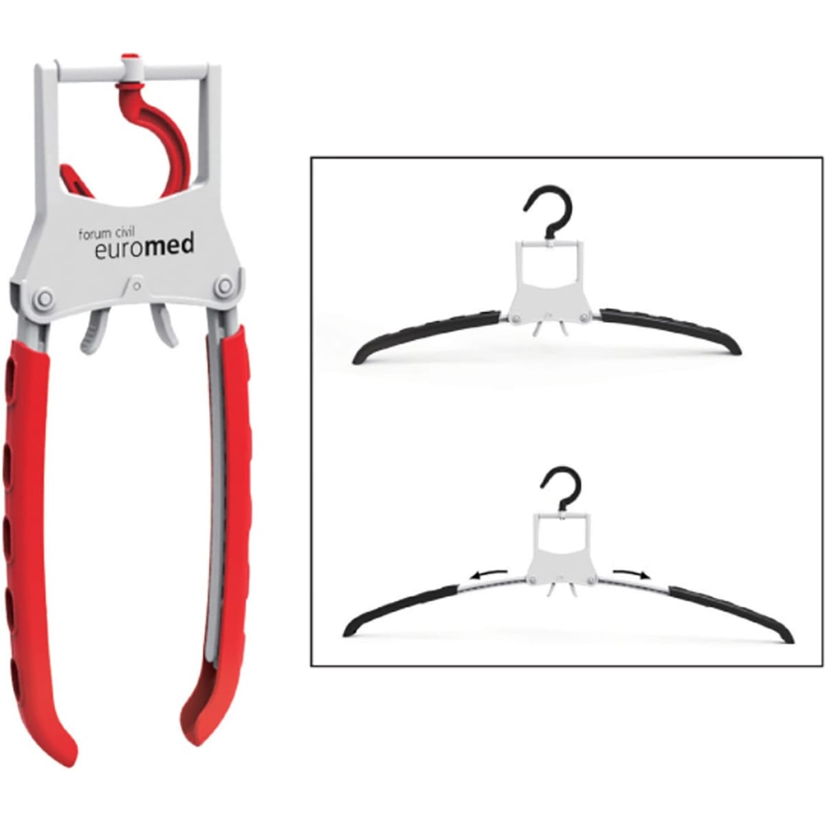 A red and grey coat hanger with a hook, featuring a branding logo. Included are two additional black hangers shown beside it.