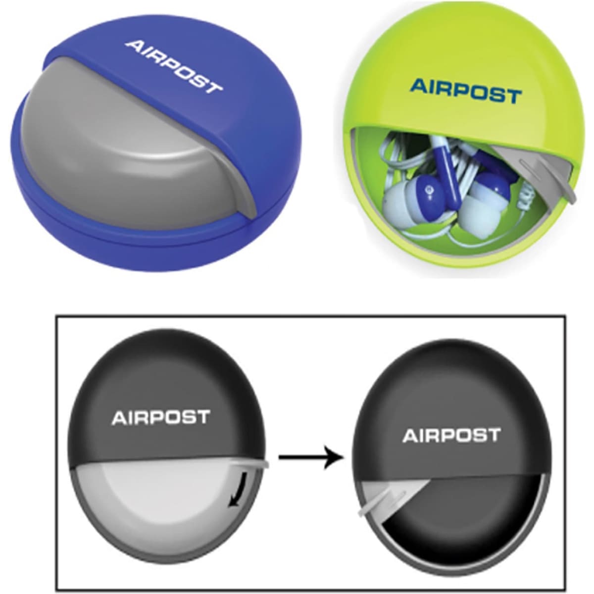 Earbuds in a colourful case featuring blue, green, and grey options, with a logo present on the case.