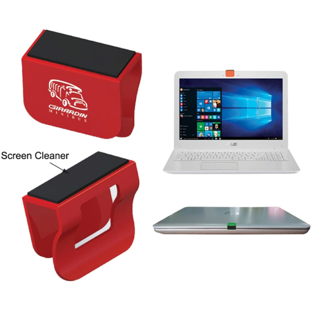 A red webcam cover with a black screen cleaner, designed for laptops and other devices, featuring a branding logo.