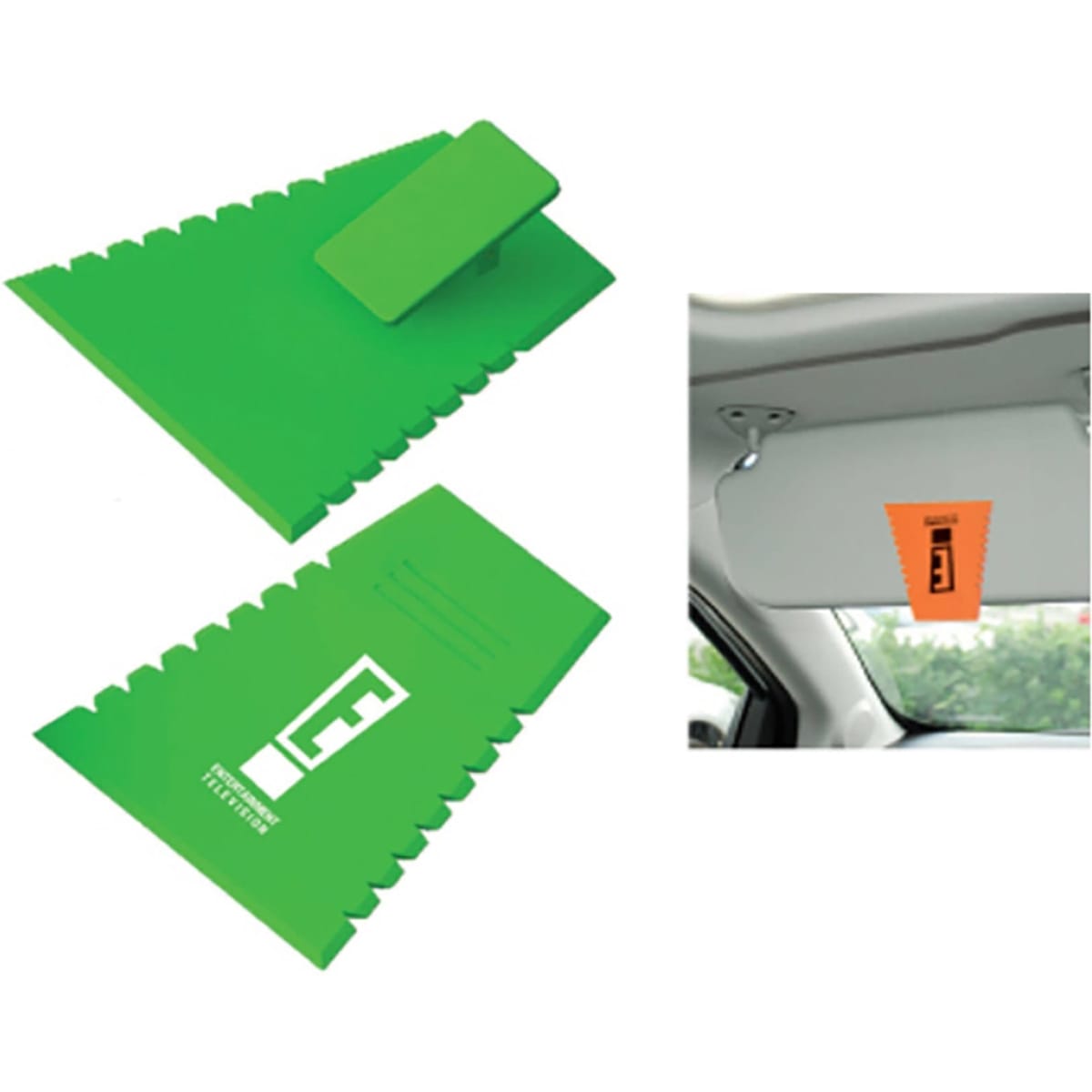 A green ice scraper with a handle, featuring a logo, displayed alongside an orange variant.