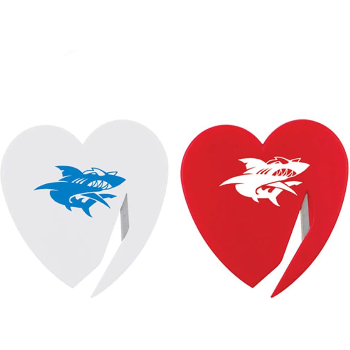 A heart-shaped letter opener set featuring a white and red design with a shark logo on each.