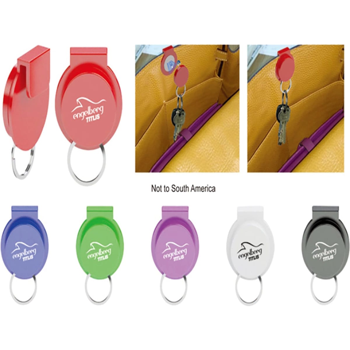 A collection of Handy Hooks in red, purple, blue, green, black, and white, featuring various designs and a keyring.