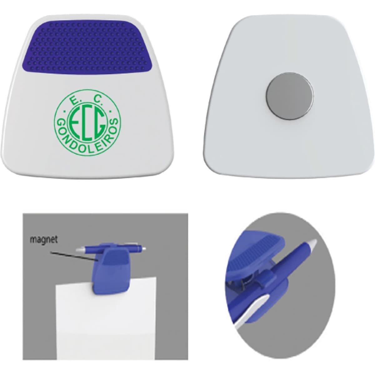 A white and blue cable tidy featuring a magnet and a clip attachment for securing cables.
