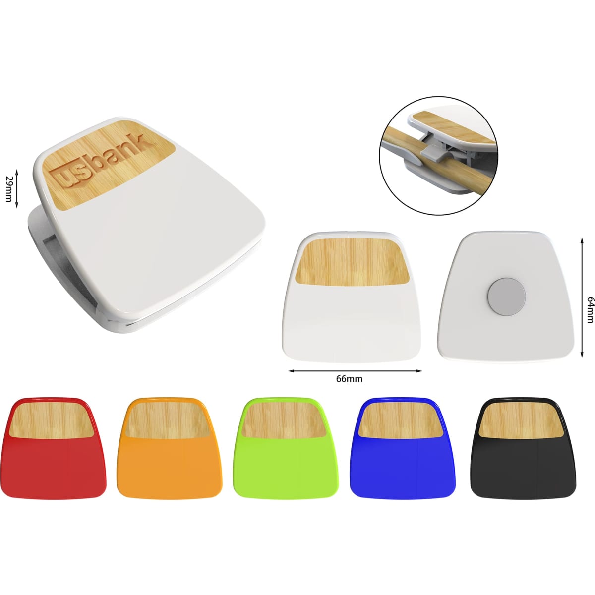 A keyring product in various colours including white, orange, green, blue, black, and red, featuring a bamboo accent and a logo.