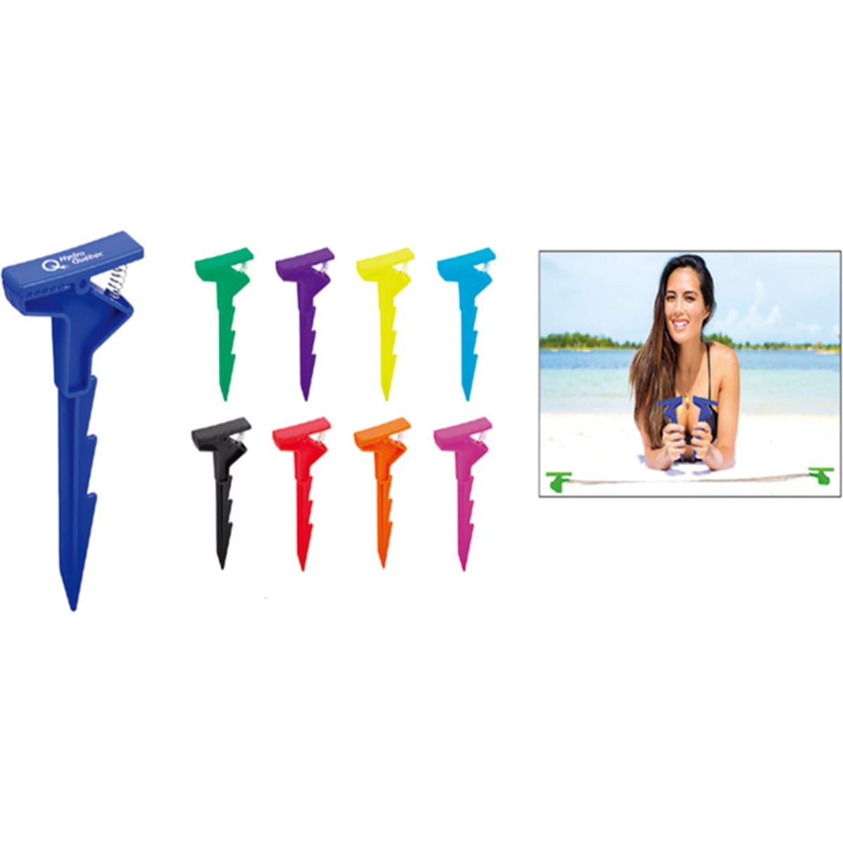 A blue Beach Clip alongside eight other colourful clips in various shades. The image features a person at the beach.