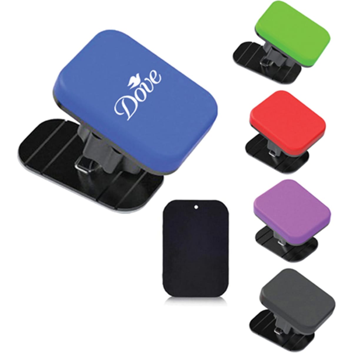 A mobile phone holder in blue, black, red, green, and purple with a branded logo.