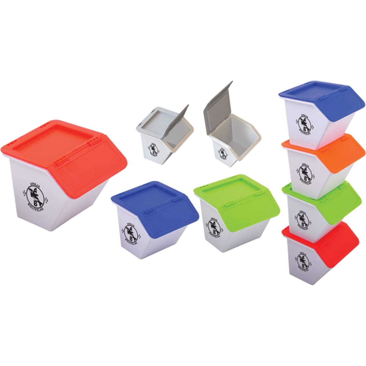 A set of desk organisers in white with assorted coloured lids: red, orange, green, and grey, featuring a logo.