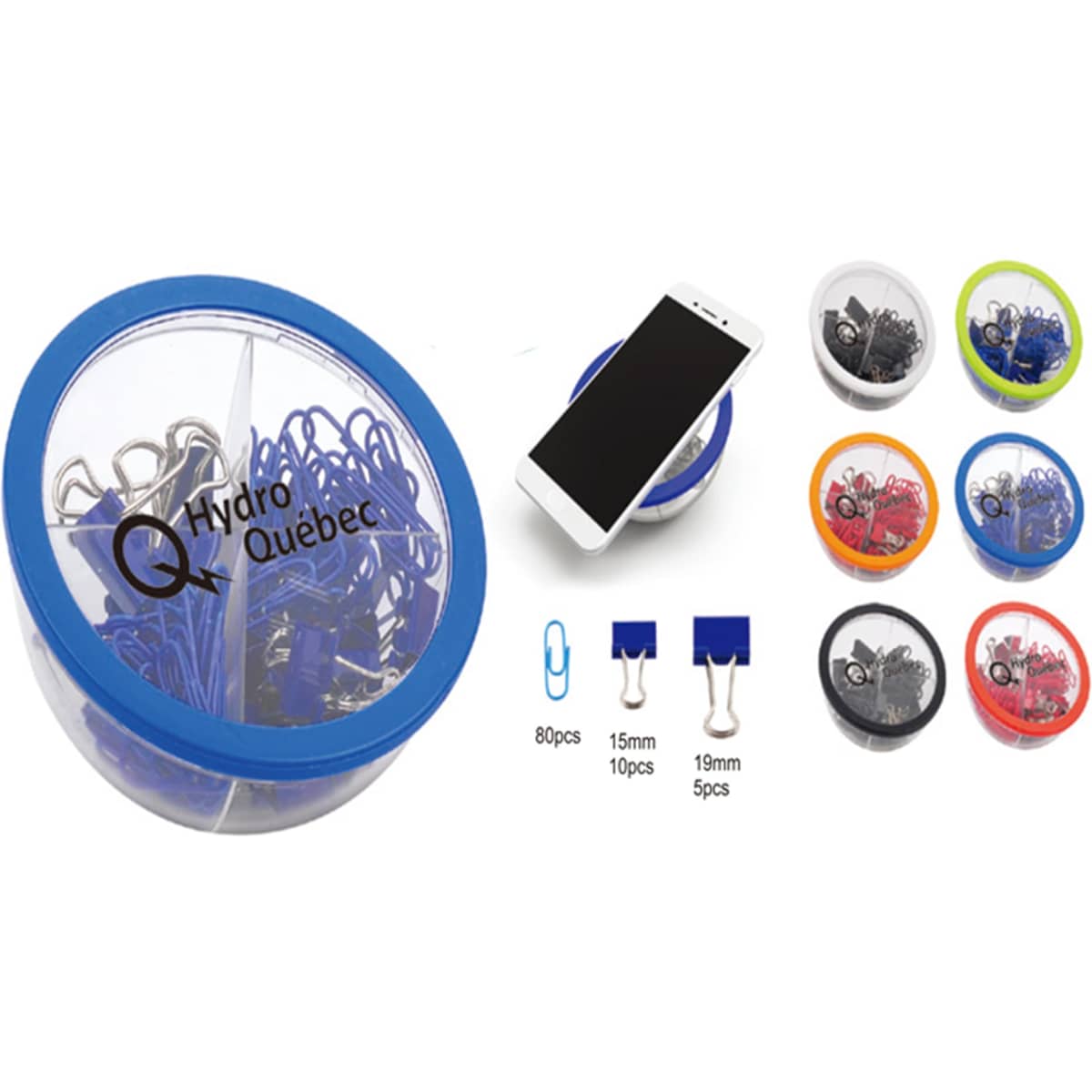 A container with blue lid holding assorted clips, featuring a mobile phone stand, available in various colours.