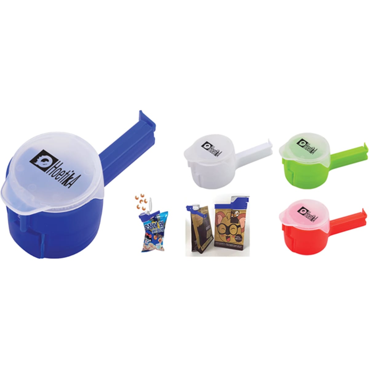 A set of bag clips in blue, green, pink, and white, featuring a logo on each clip.
