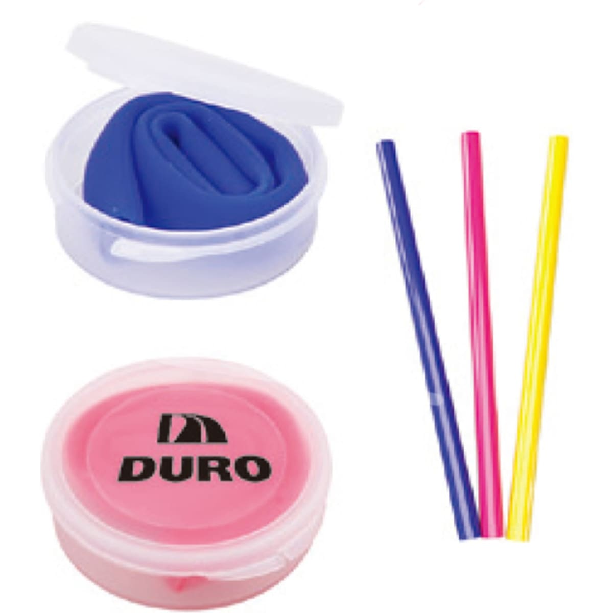 A drink bottle featuring three colourful drinking straws in pink, yellow, and blue, alongside a purple silicone storage container.