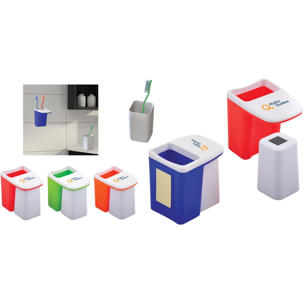 A set of toothbrush holders in various colours including red, blue, green, and white, featuring different designs and a logo.