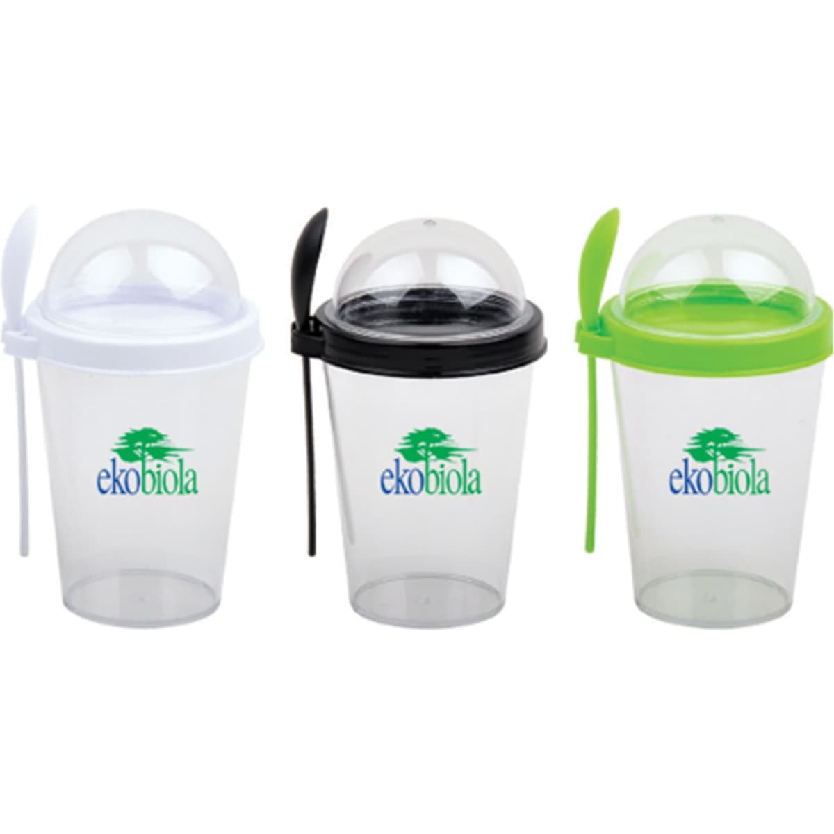 A drink bottle set featuring three cups in clear, black, and green with a spoon and a logo on each.