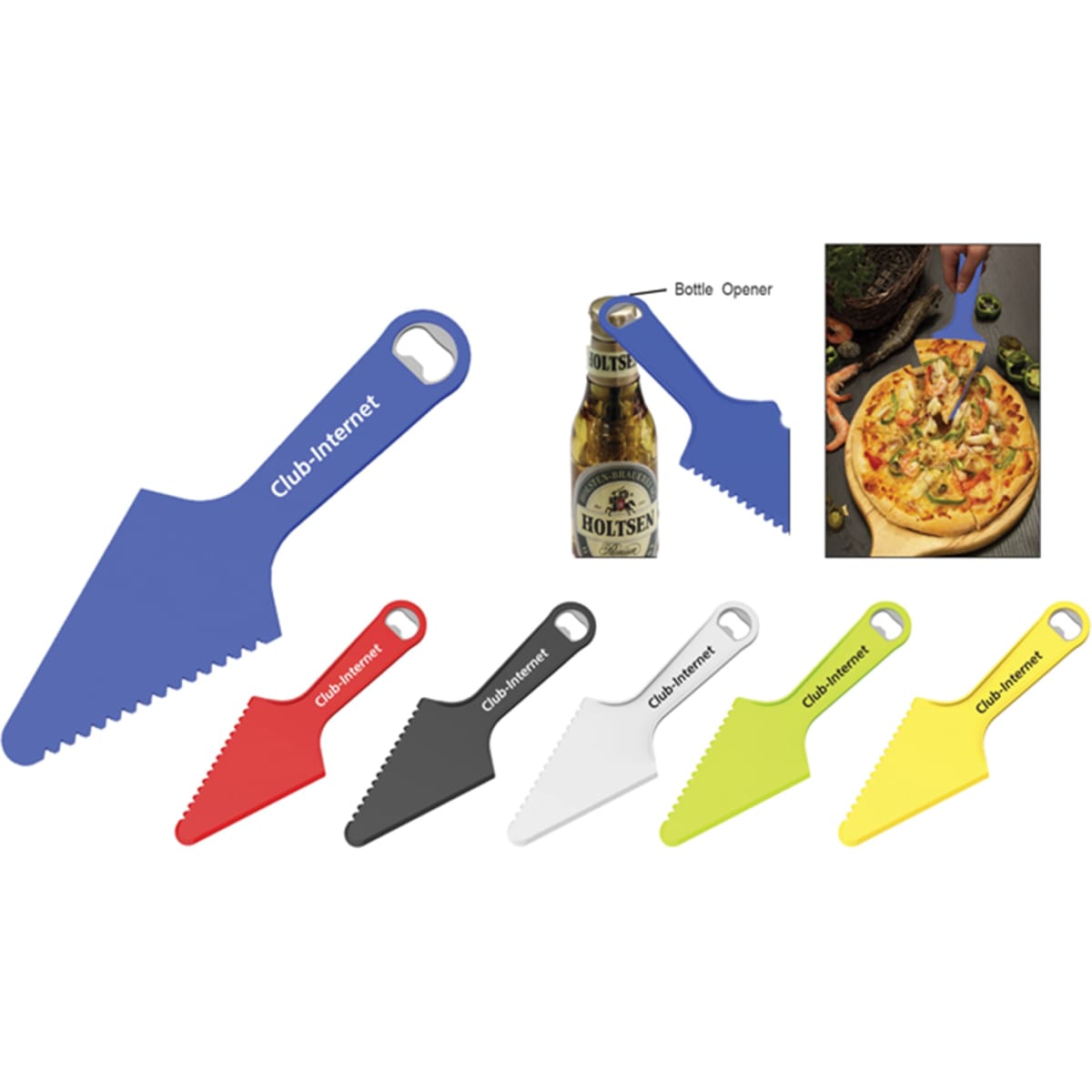 A set of pizza cutters in blue, red, black, white, and green, featuring a bottle opener and logos.