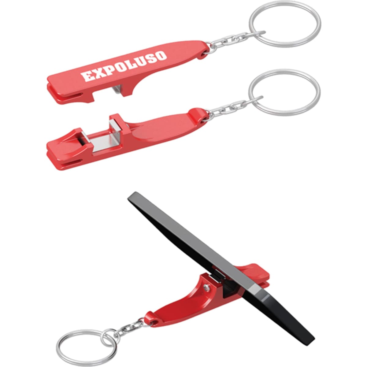 A red mobile stand with a built-in bottle opener, featuring a keyring attachment, and a black stand component.