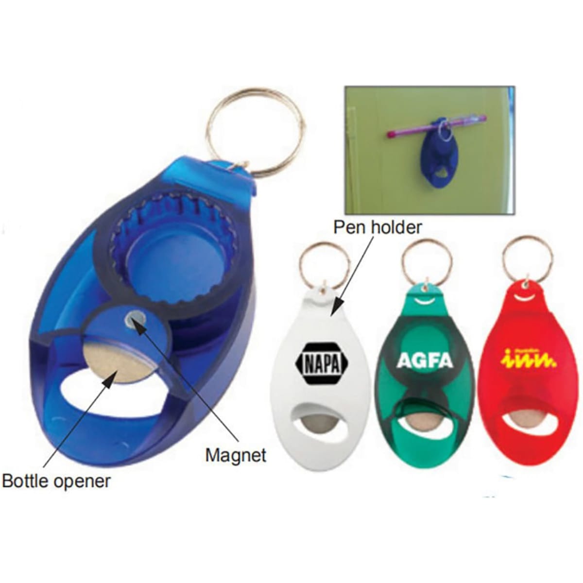 A drink bottle opener in blue, with a magnet, keyring, and various colours including white, green, and red.