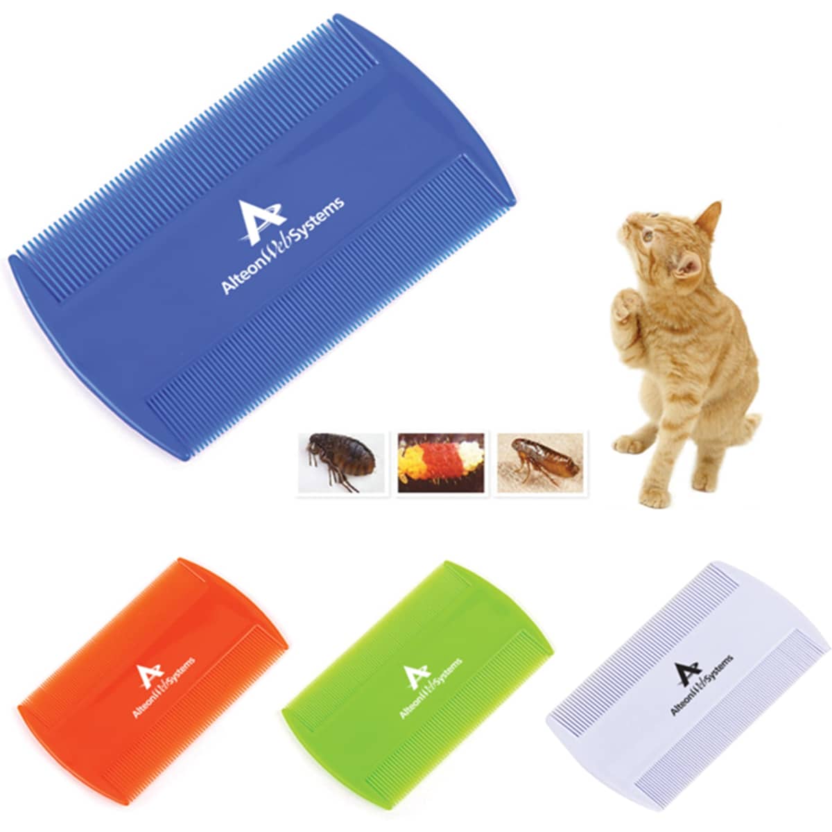 A set of coloured pet combs in blue, orange, green, and white, with a cat and images of pests. Each comb has a logo.