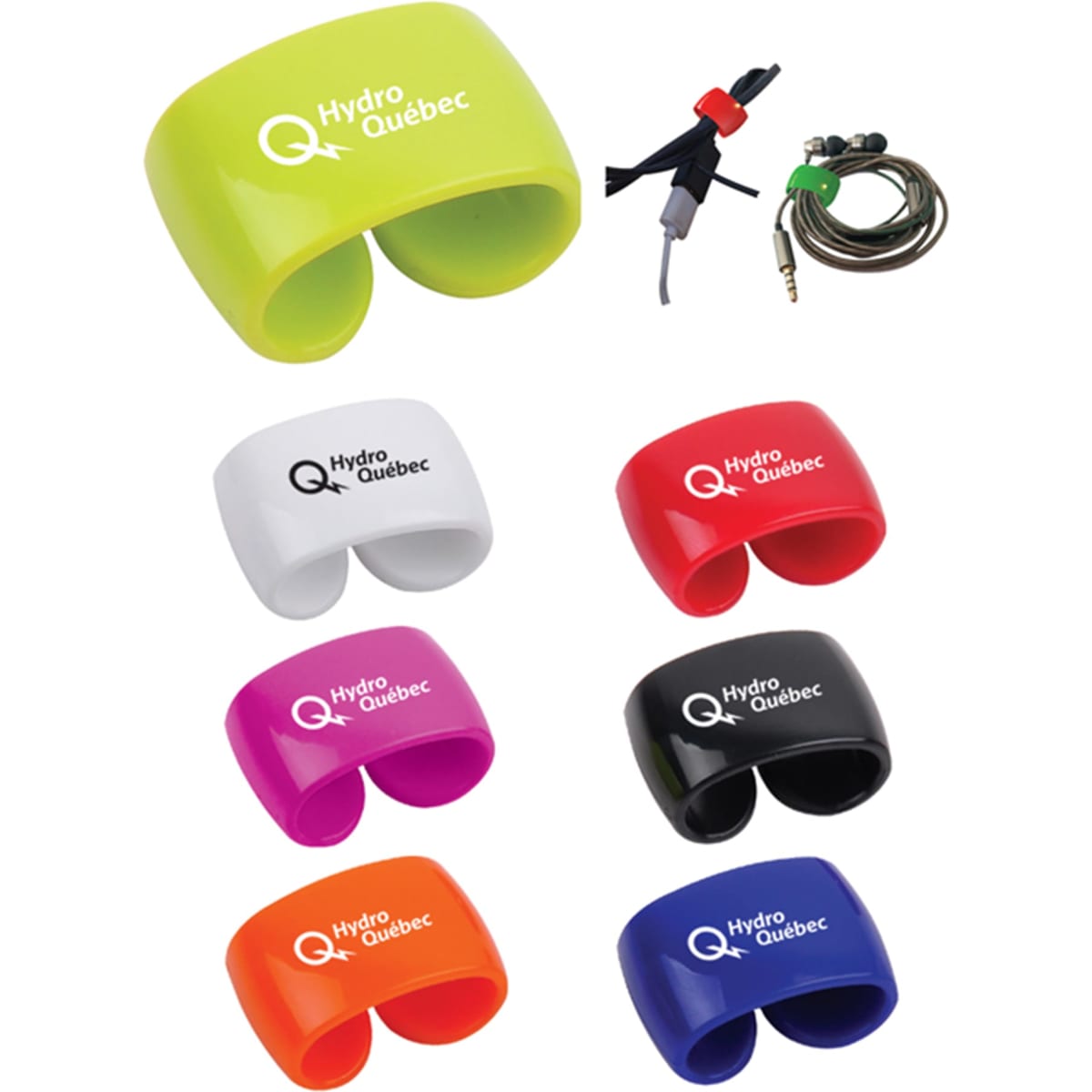 A set of cable organisers in various colours: green, white, pink, black, orange, and purple, featuring a logo.