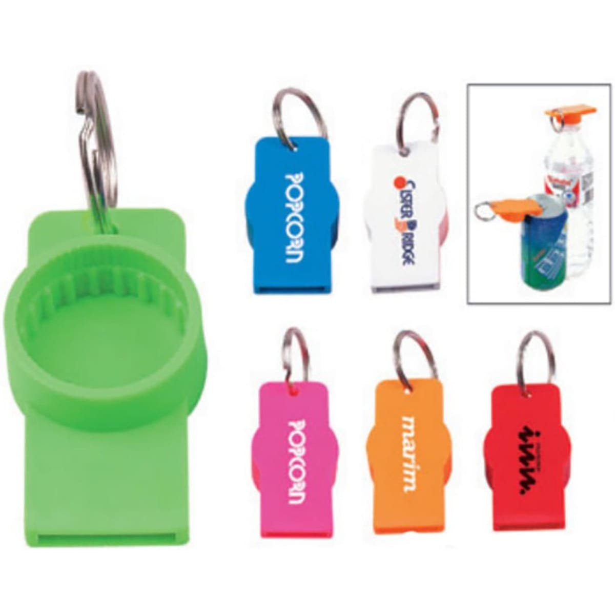 A drink bottle opener featuring a variety of vibrant colours, including green, pink, blue, and orange, with a keyring attachment.