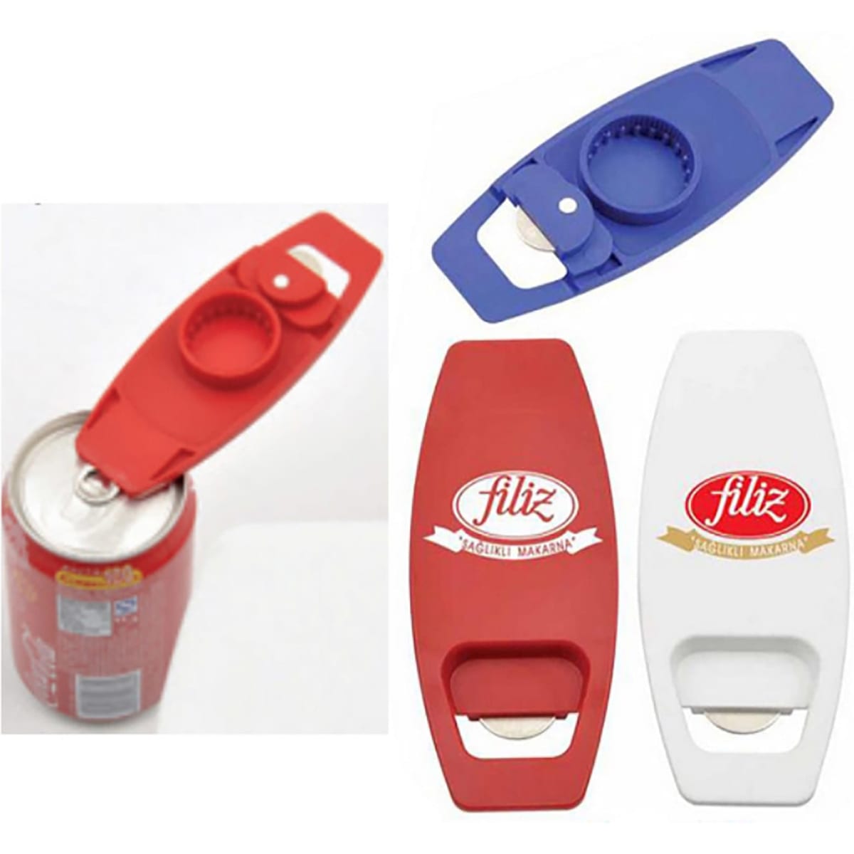 A drink bottle opener in red, blue, and white, featuring a logo and designed for use with cans.
