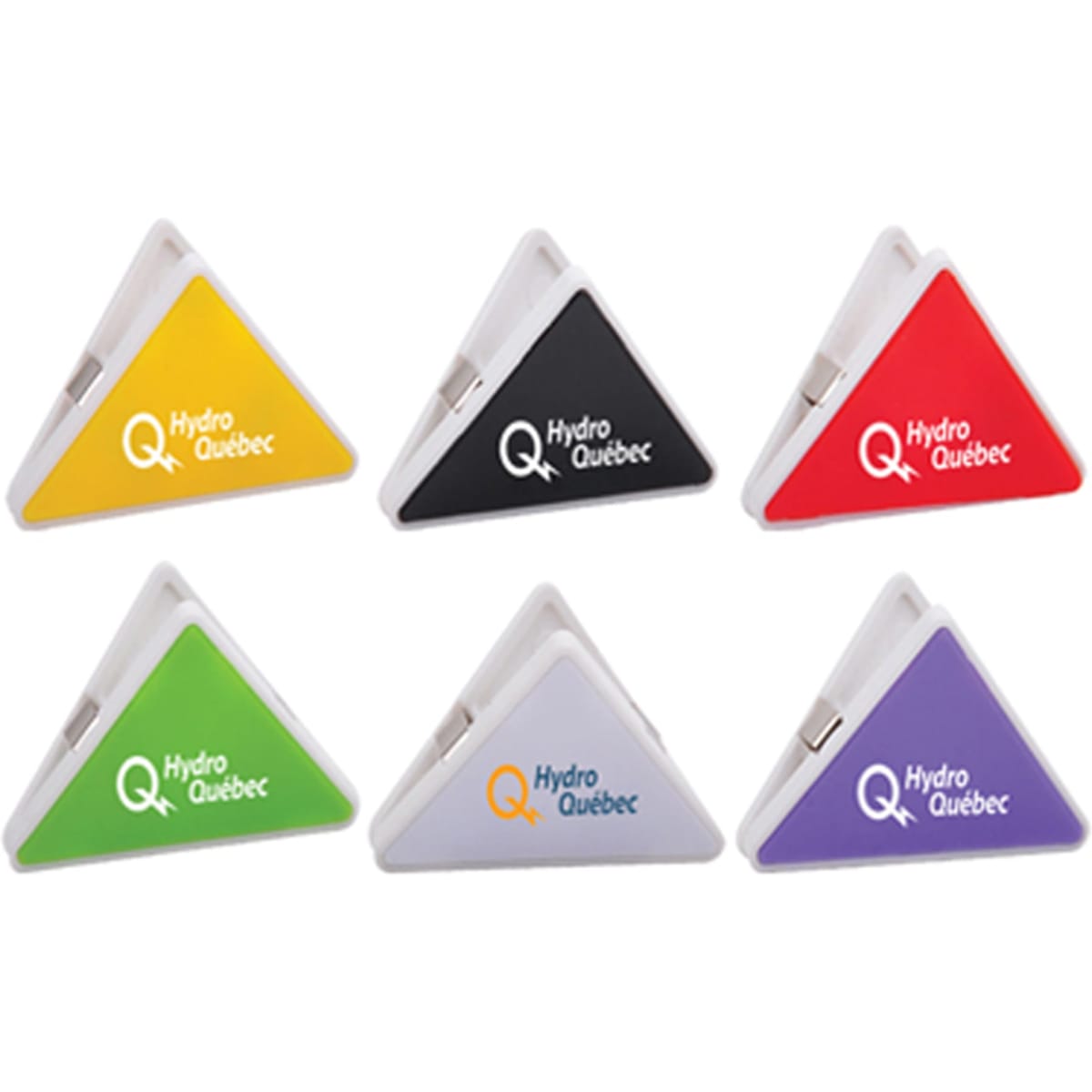 A set of six triangular clipboards in black, red, purple, green, and white, featuring a logo on each.