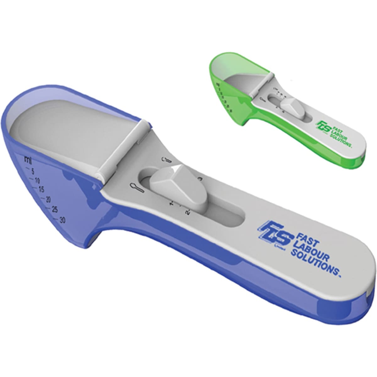 A blue and green measuring scoop with a rotary dial, featuring a logo on the handle.
