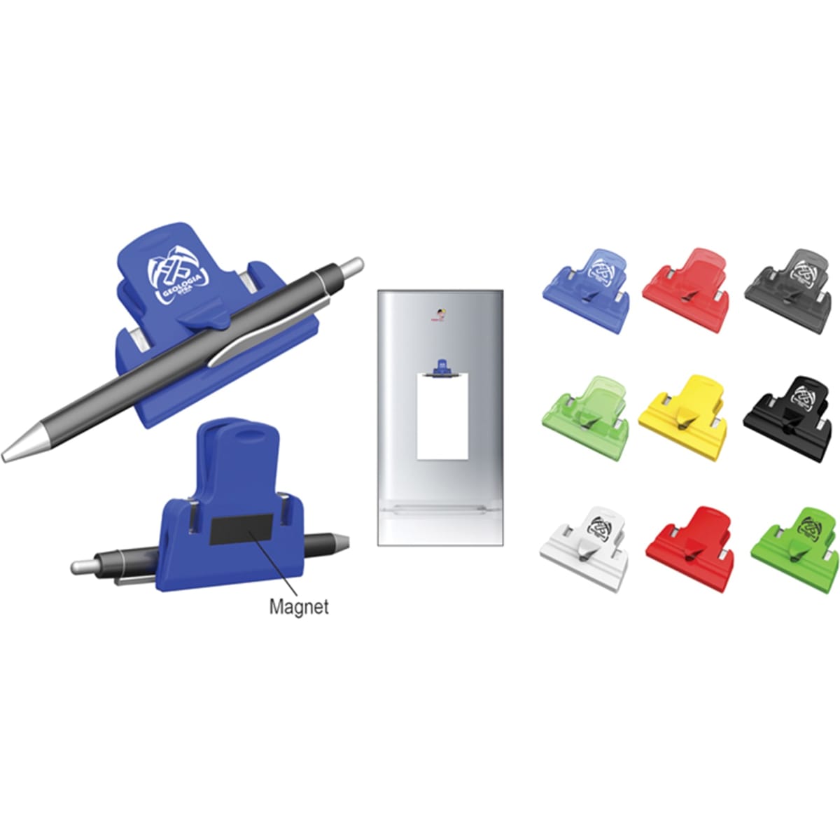 A multifunctional clip in blue with a pen, alongside various coloured clips including red, green, yellow, black, and white.