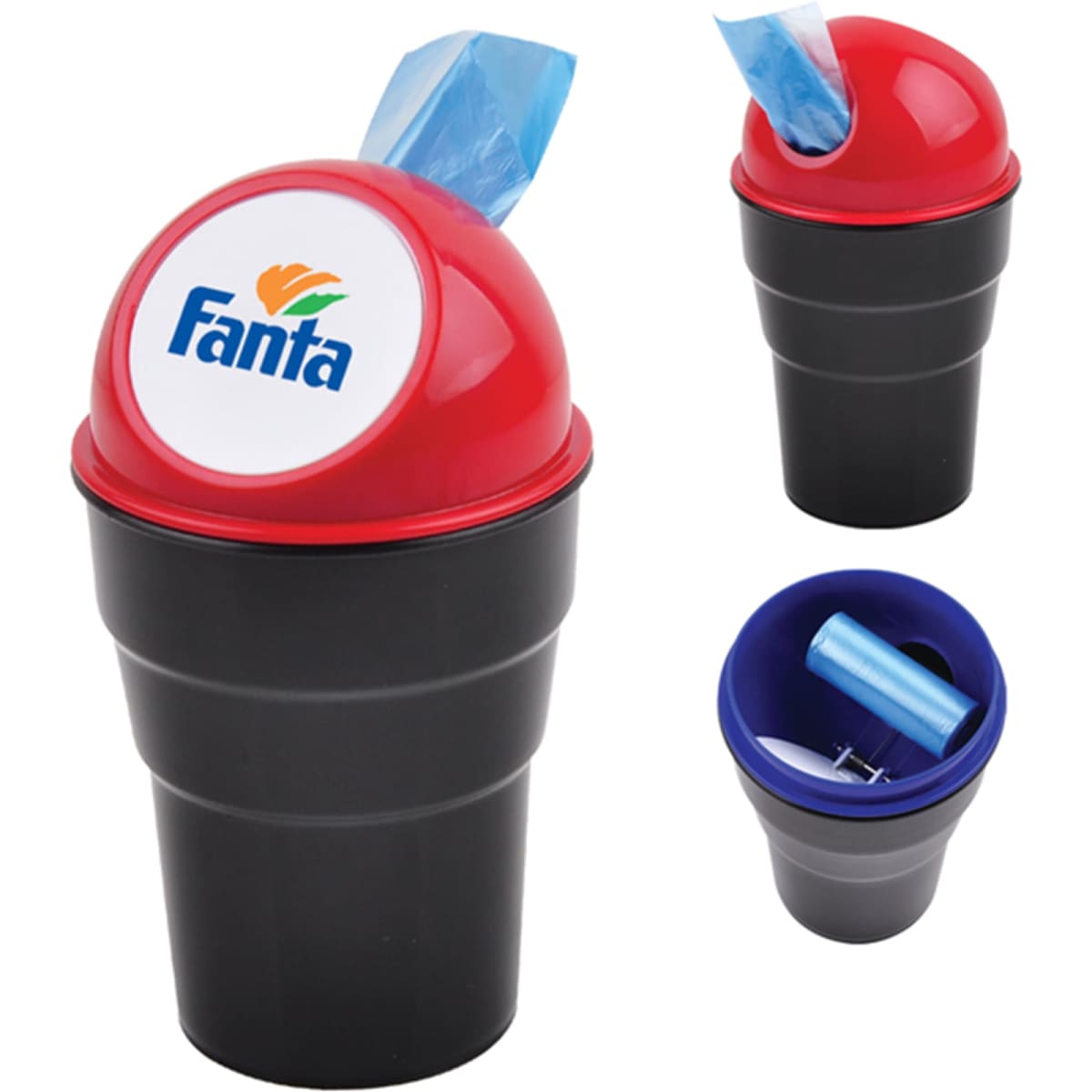 A black trash bin with a red lid featuring a logo, holding blue waste bags.