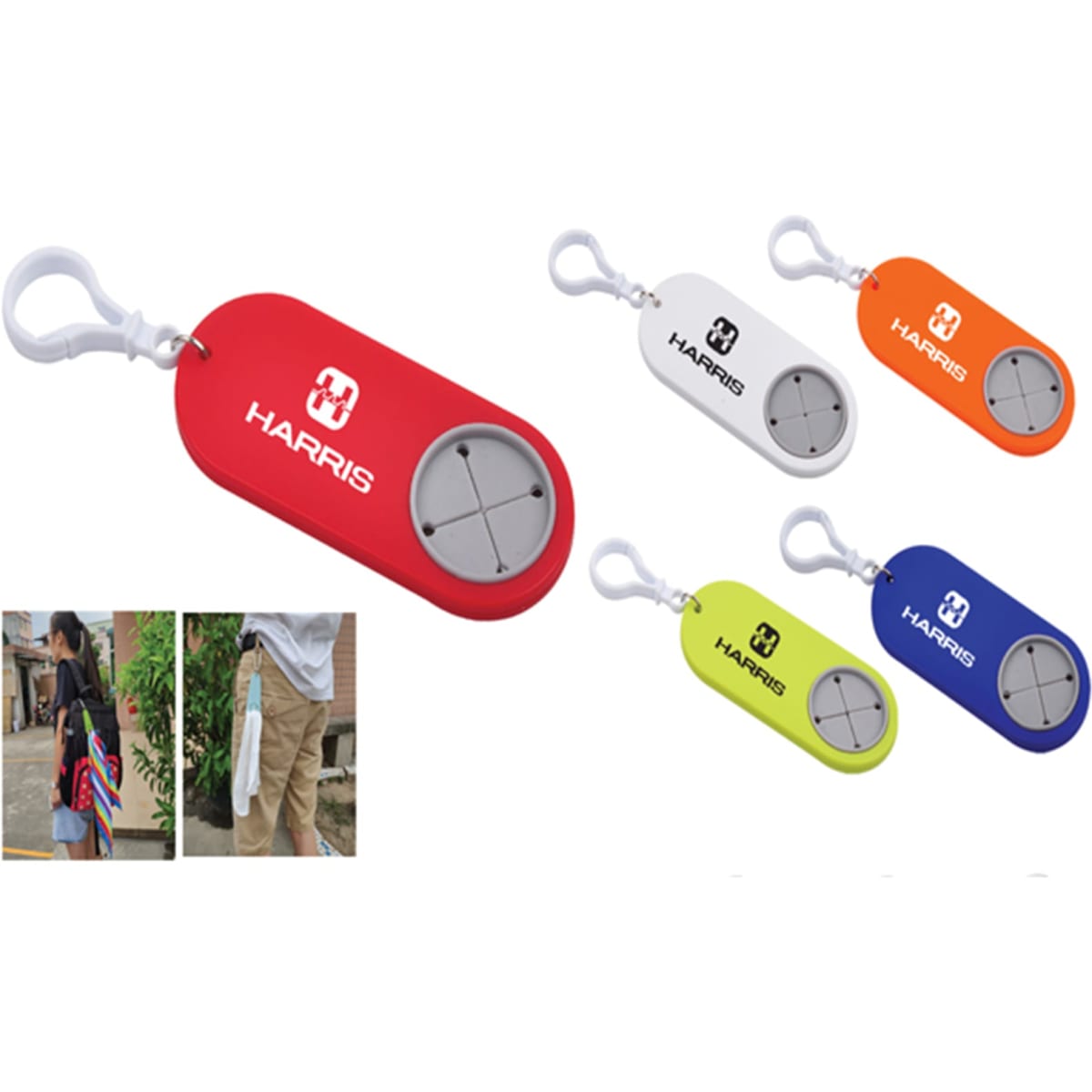A set of towel holders in red, white, green, orange, and blue, featuring an attached clip and a logo.