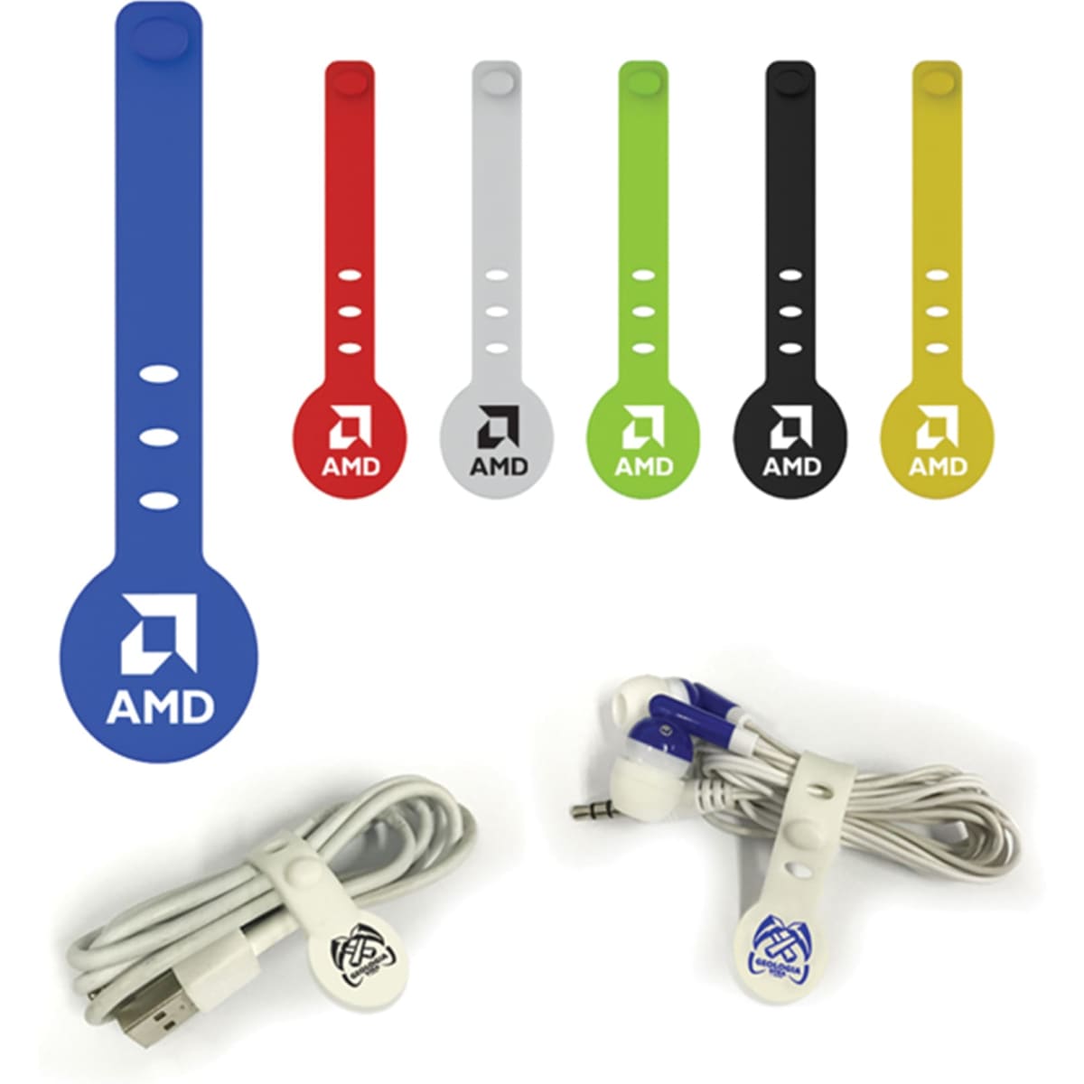 A collection of cable organisers in blue, red, grey, green, black, and a white USB cable with clips. Each organiser features a logo.