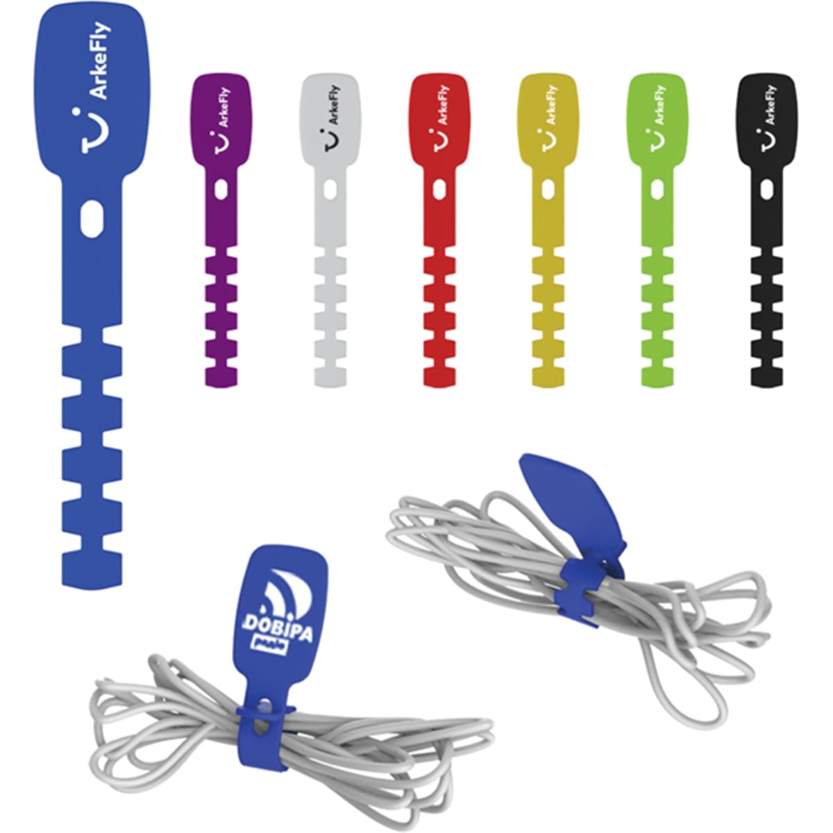 A set of multi-coloured cable organisers in blue, purple, red, green, black, and white for tidying cords.