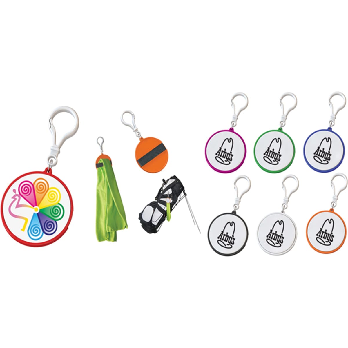 A selection of colourful keychains with clips, including assorted designs and a green bag holder.