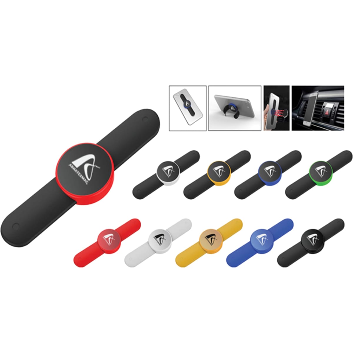 A collection of mobile stands in various colours, including black, red, yellow, blue, green, and white, with a logo.
