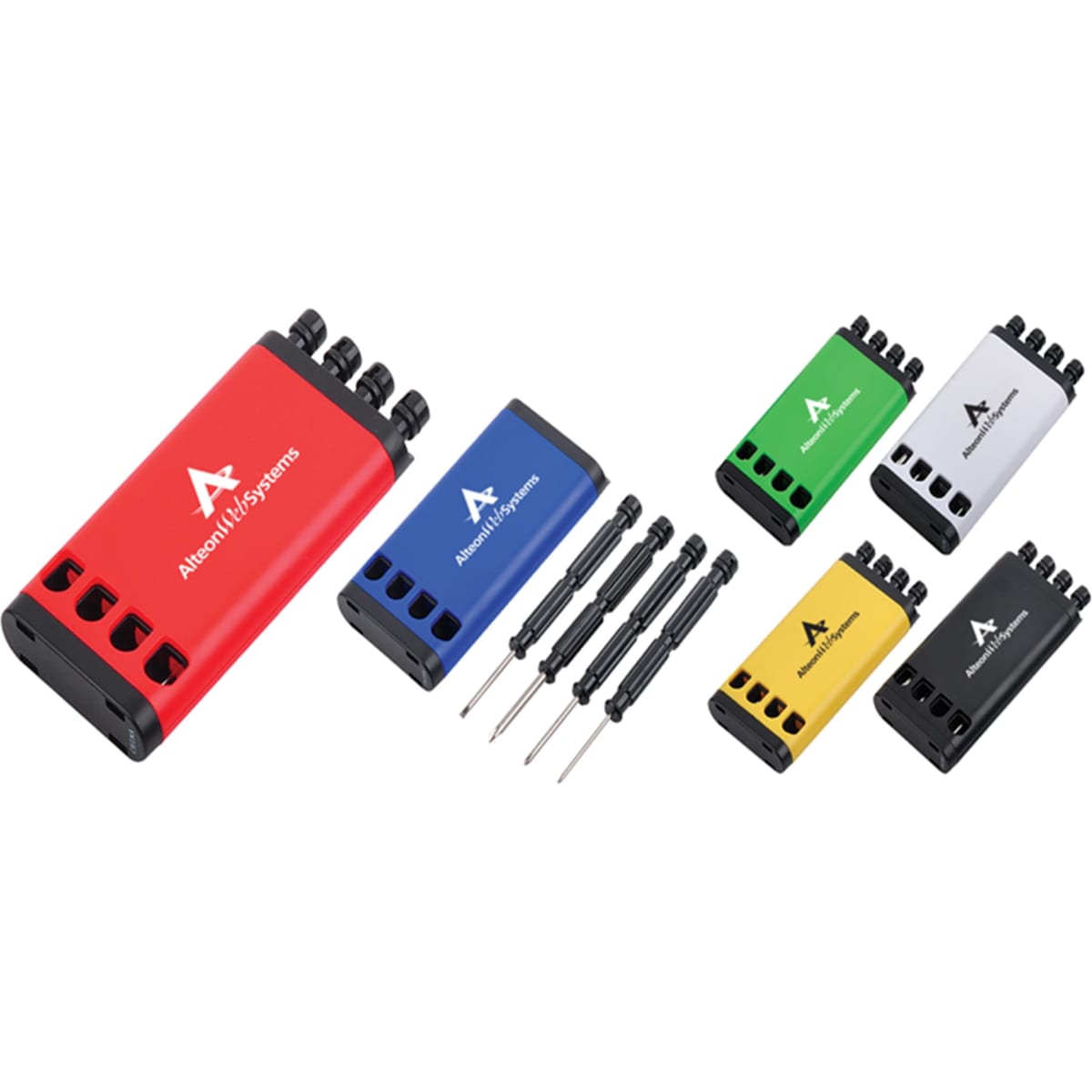 A set of multi-coloured tool sets in red, blue, green, yellow, and black, with multiple screwdrivers included.