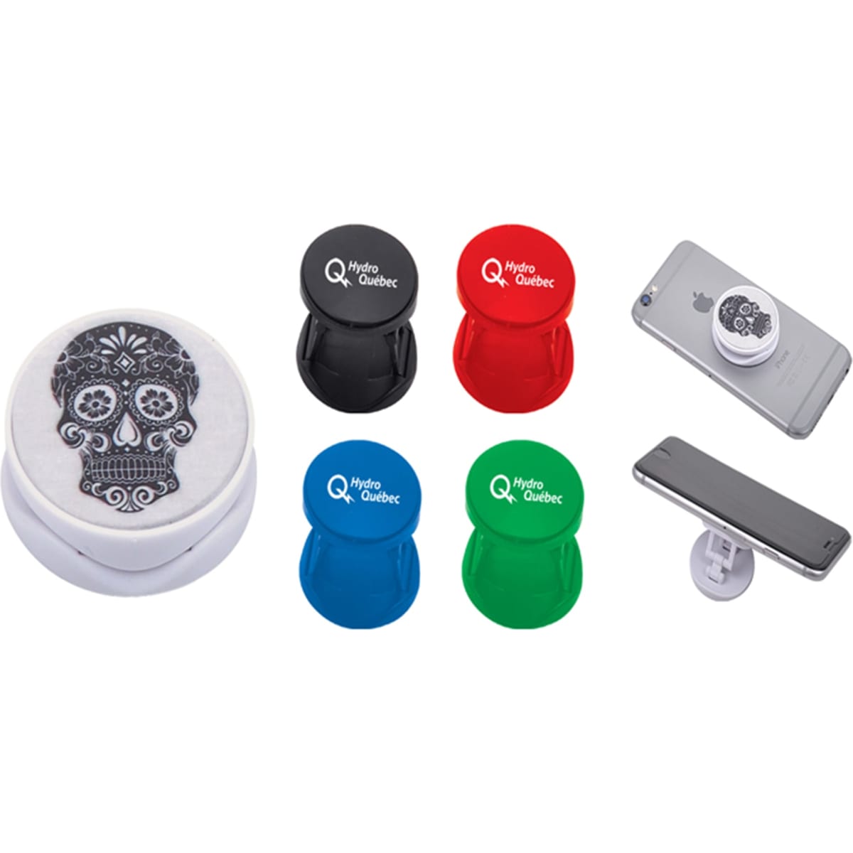 Mobile phone stands in various colours, including black, red, green, and blue, featuring a decorative skull design.
