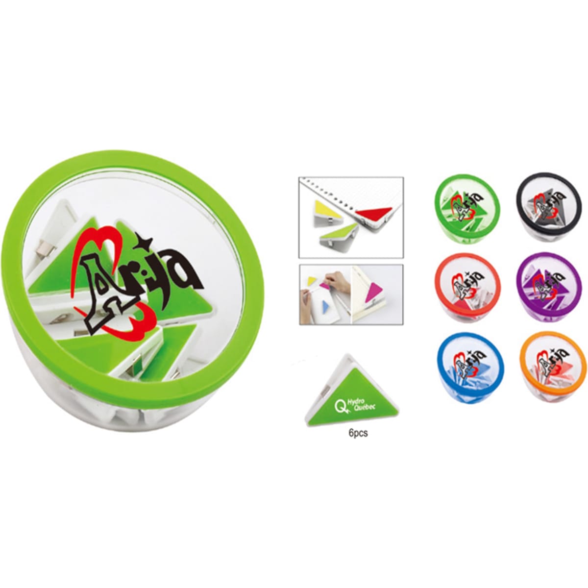 A container with six plastic clips in various colours: green, red, blue, purple, orange, and black. It includes a logo.