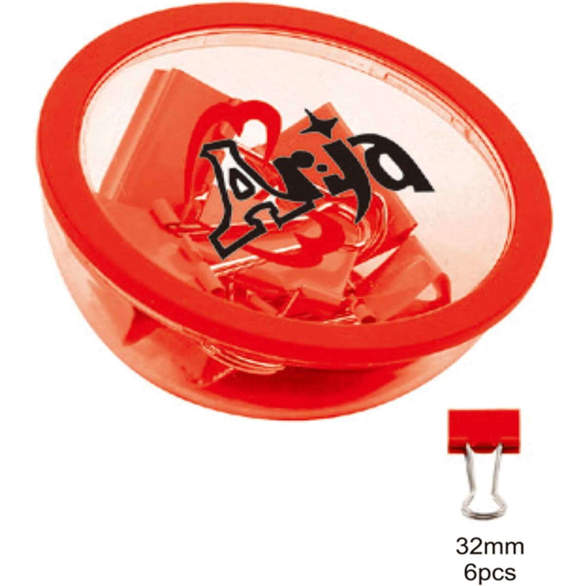 A clear container with a red lid holds six red binder clips inside. The container features a logo.