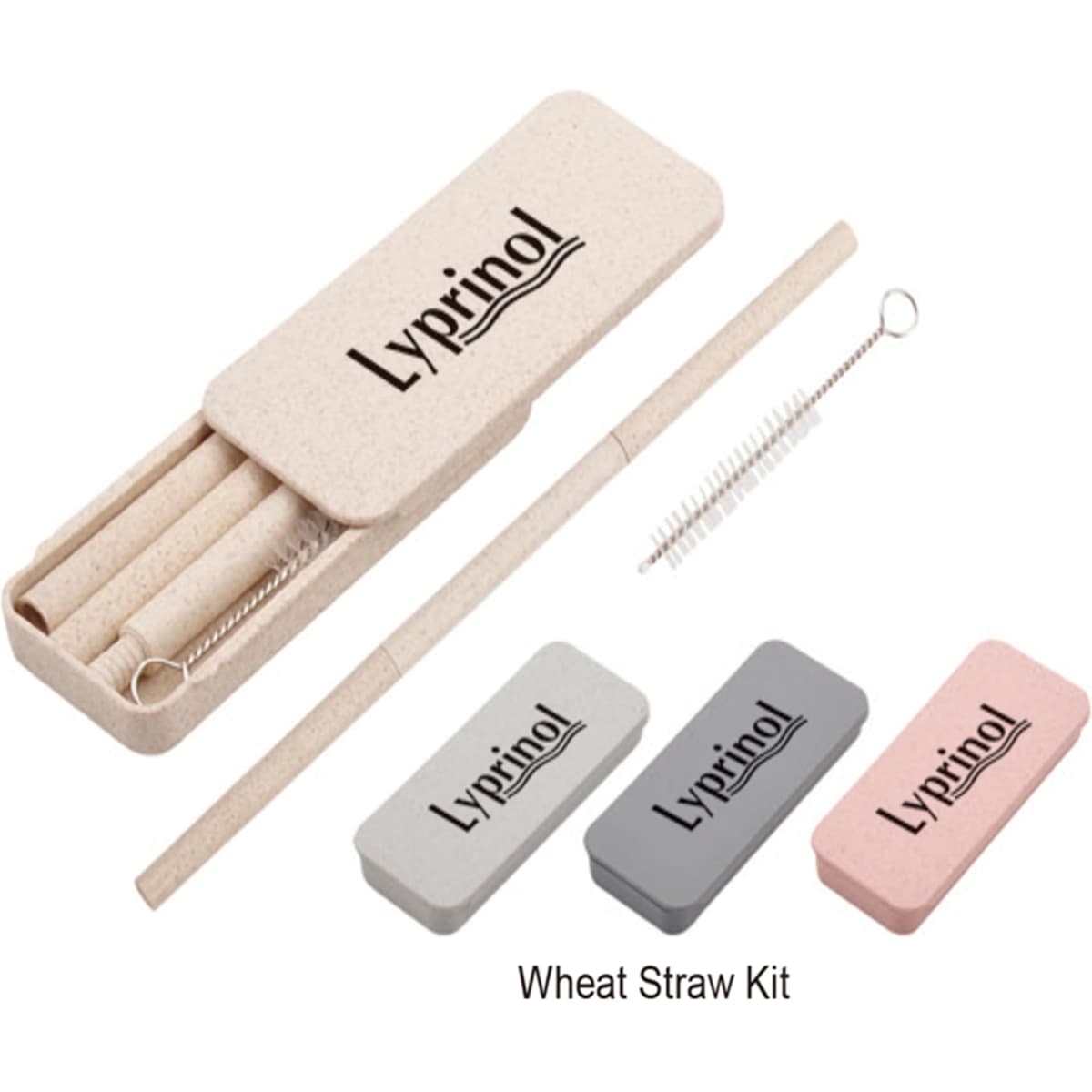 A set of reusable straws in a case, featuring pink, grey, and cream colours, with a cleaning brush included.