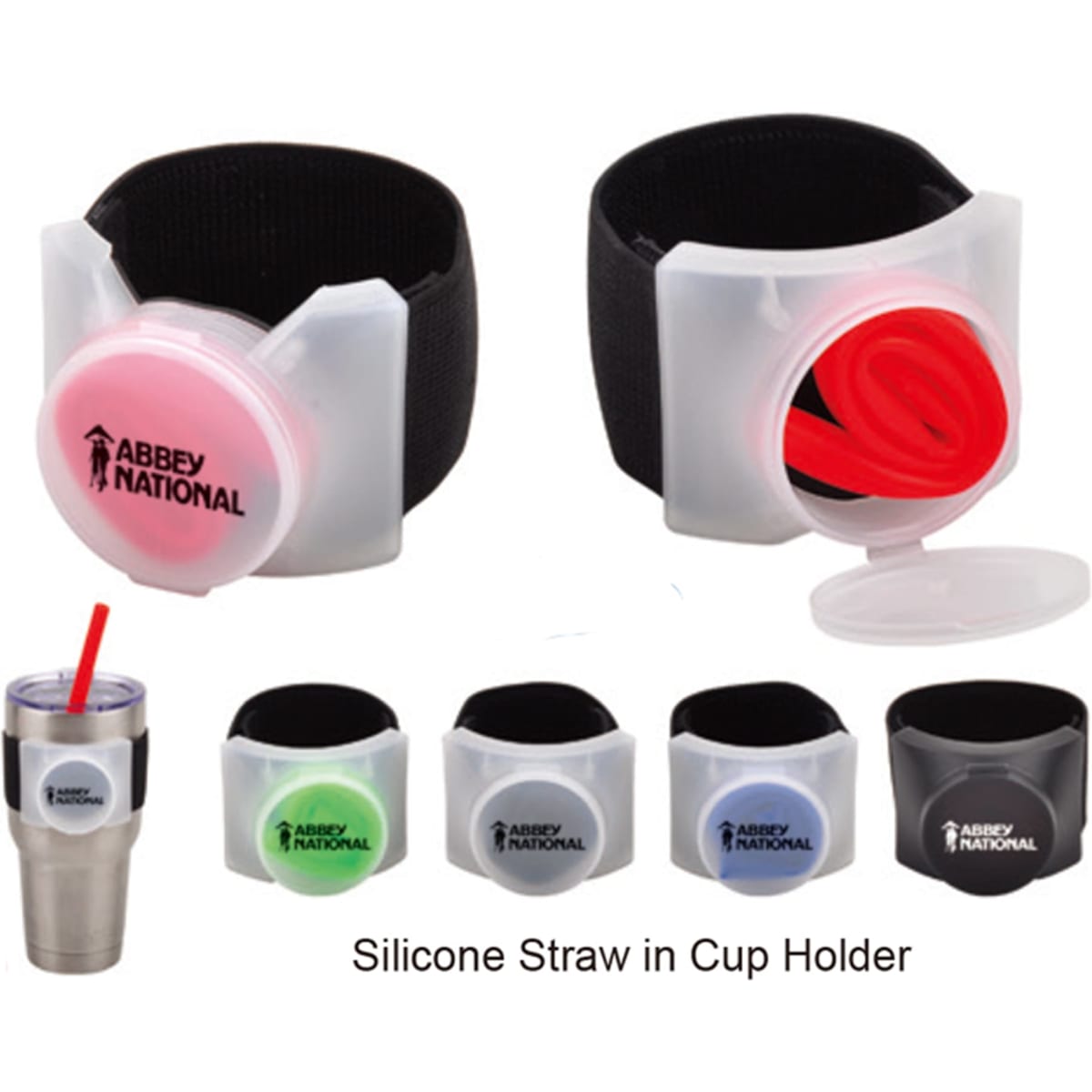 A drink bottle with coloured silicone straws in a cup holder, featuring a logo and various colour options.