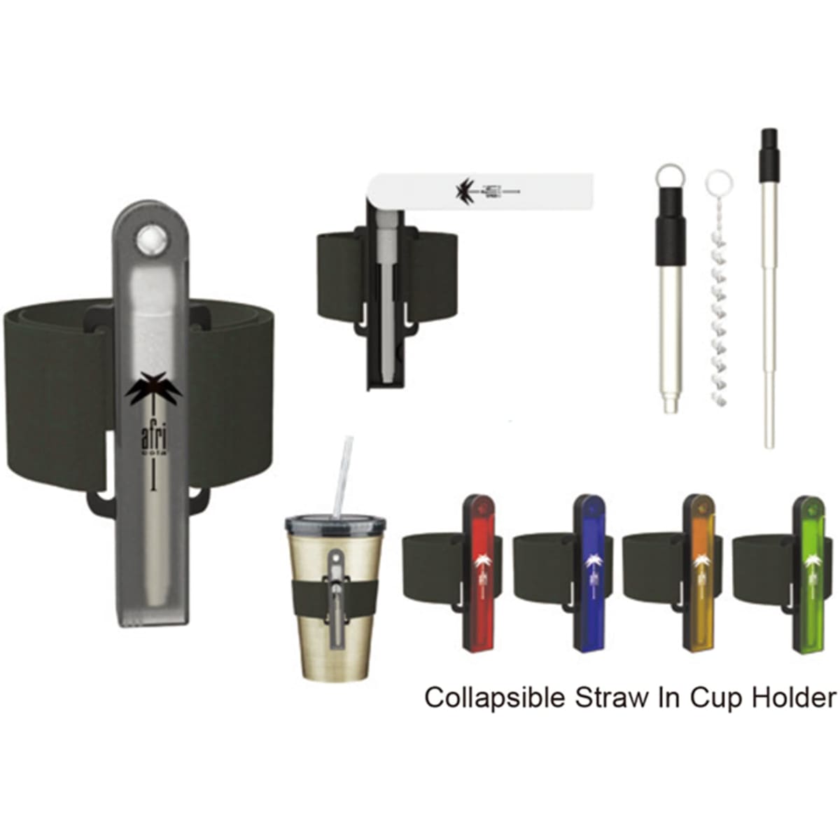 A collapsible straw set in various colours with a cup holder, including a reusable straw and cleaning tool.