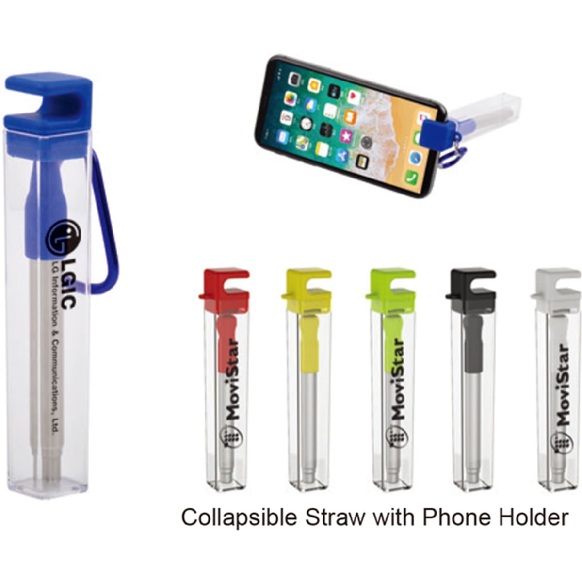 A drink bottle features a collapsible straw set in various colours including blue, green, red, black, and white. It has a branded case.