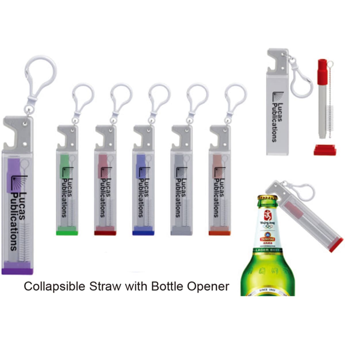 A collapsible straw set in various colours, featuring a bottle opener and a logo on the case.