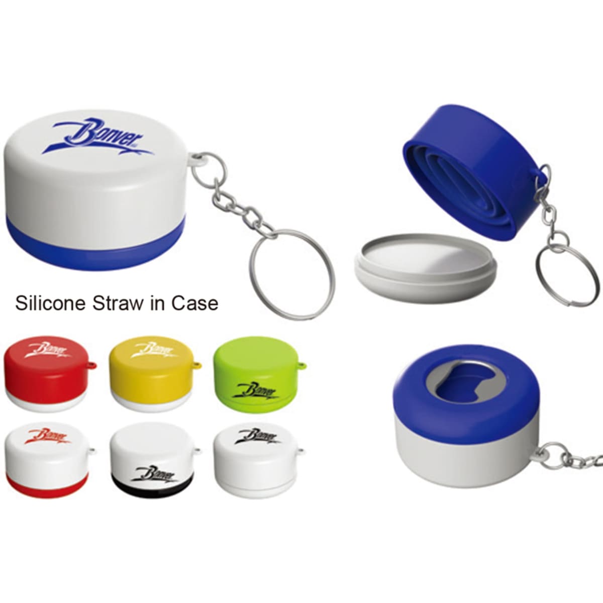 A collection of silicone straws in various colours, each housed in a compact case with a keychain attachment.