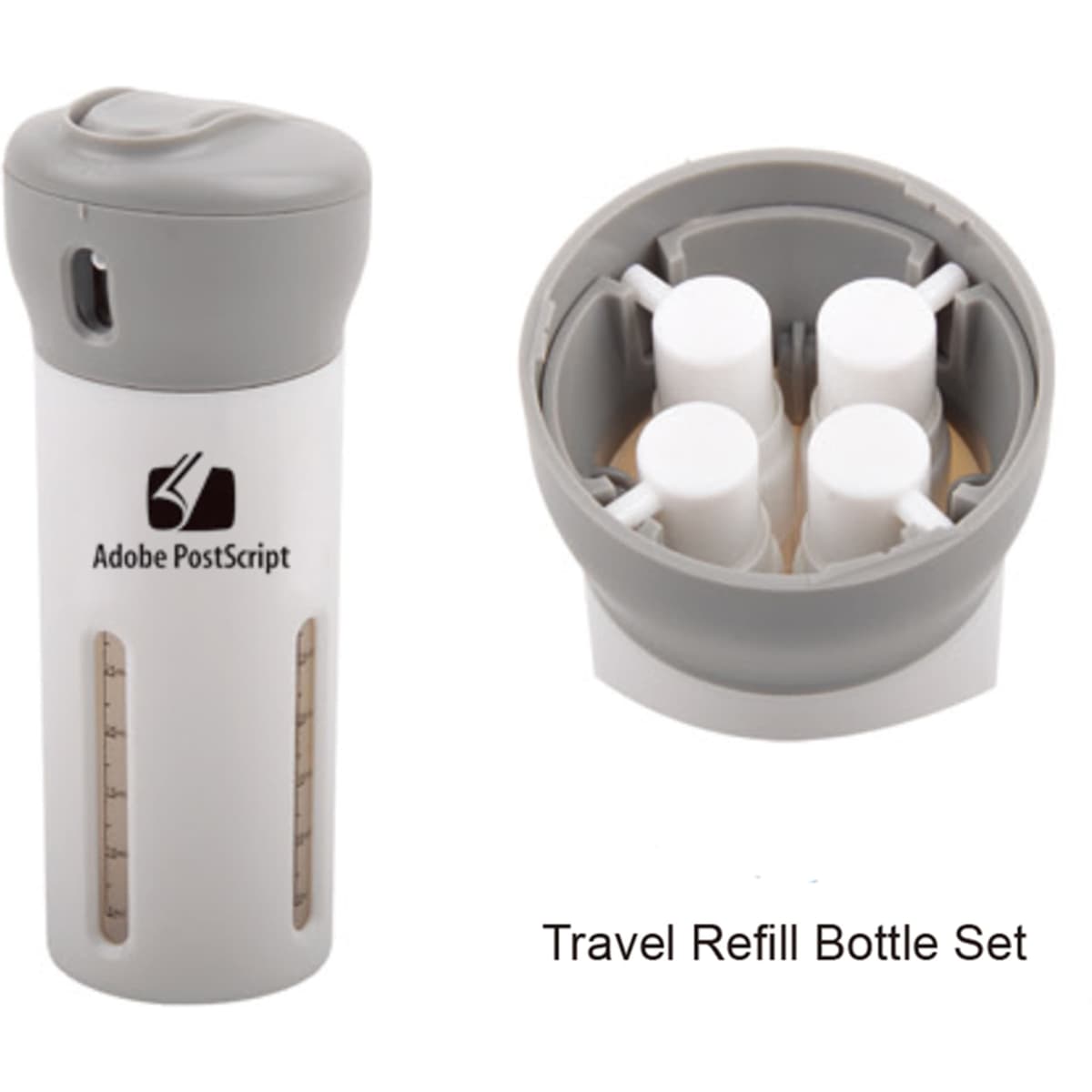 A drink bottle in white and grey, featuring a built-in compartment with four smaller refill bottles and a logo.