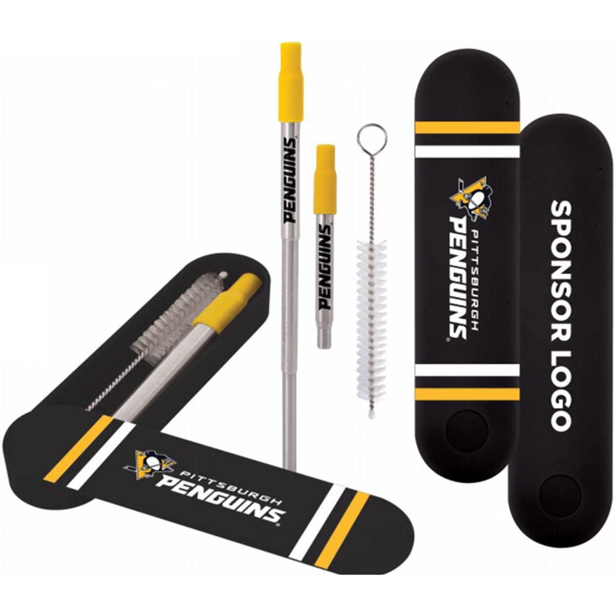 A drink bottle featuring a black and yellow straw set, including a cleaner and a case with a logo.