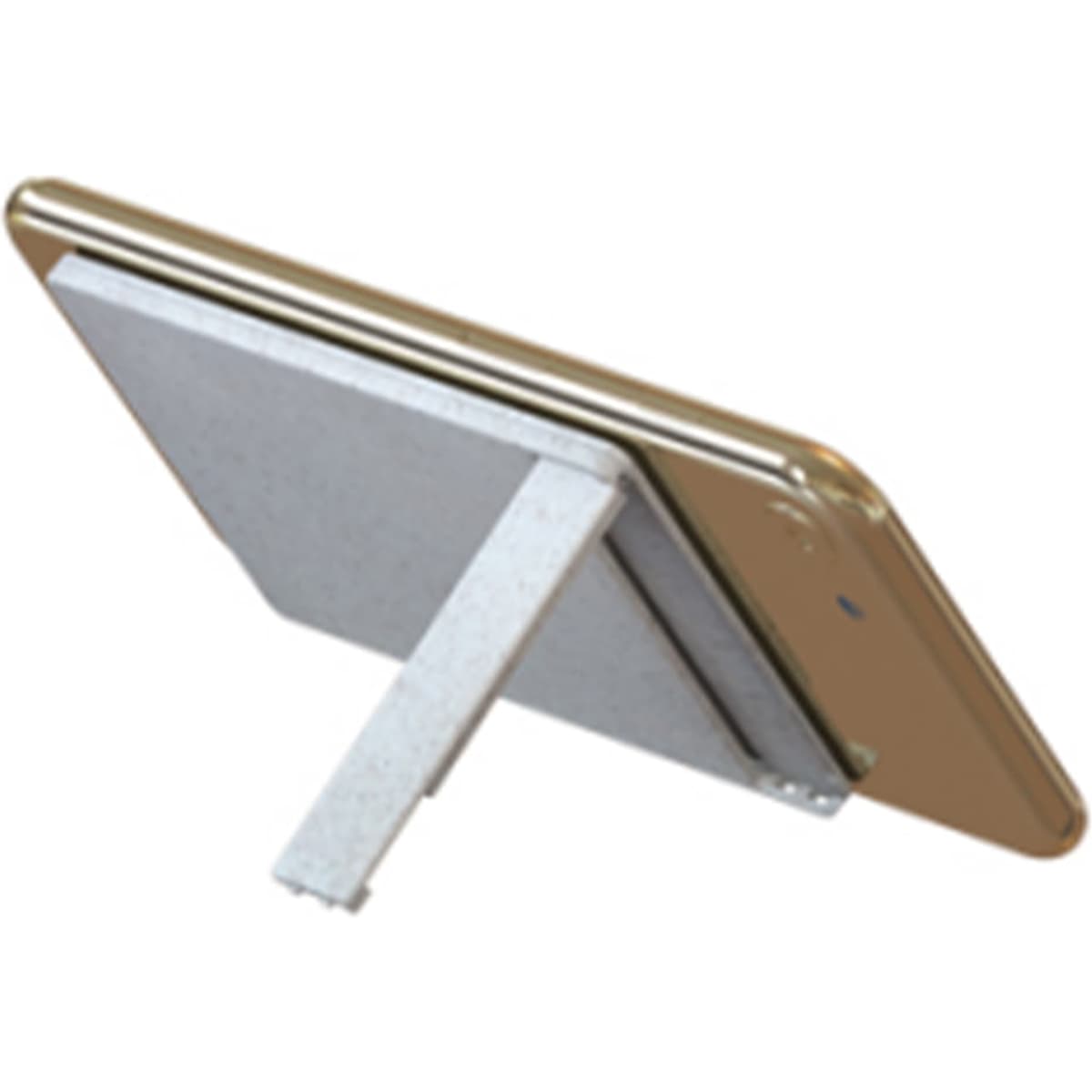 A mobile stand in grey, holding a smartphone at an angle. The stand features a simple, minimalist design.
